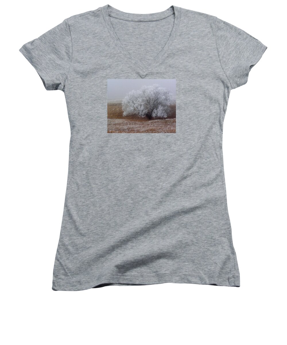 Cottonwood Women's V-Neck featuring the photograph Frost and Fog by Alana Thrower