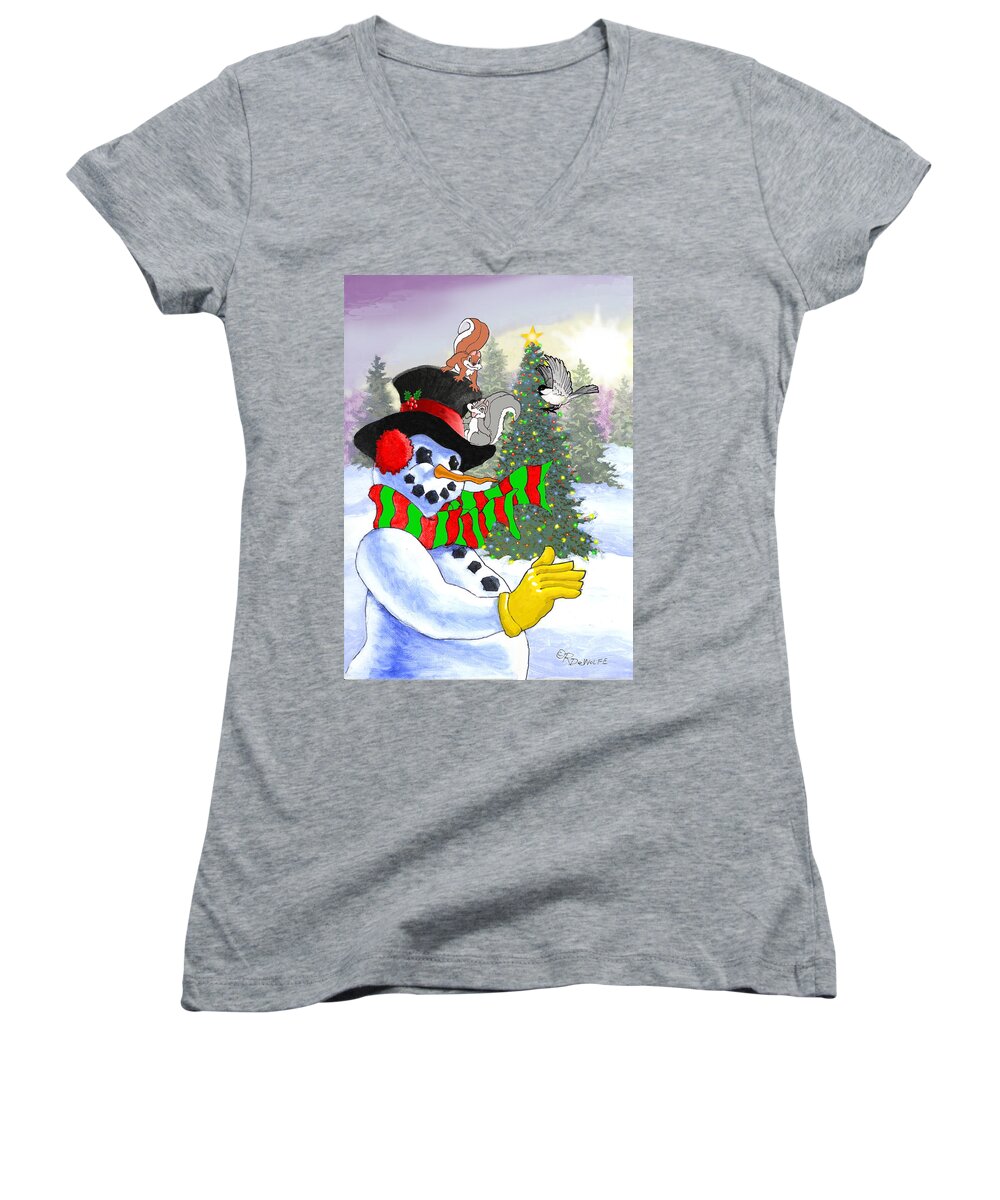 Frosty Women's V-Neck featuring the painting Frosty And Friends by Richard De Wolfe