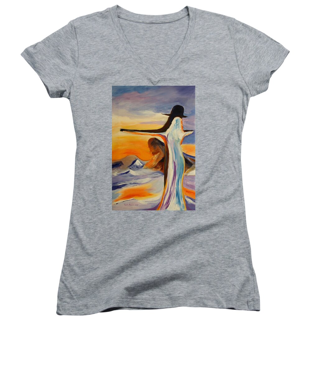 Frozen Women's V-Neck featuring the painting Frozen in Time by Geeta Yerra