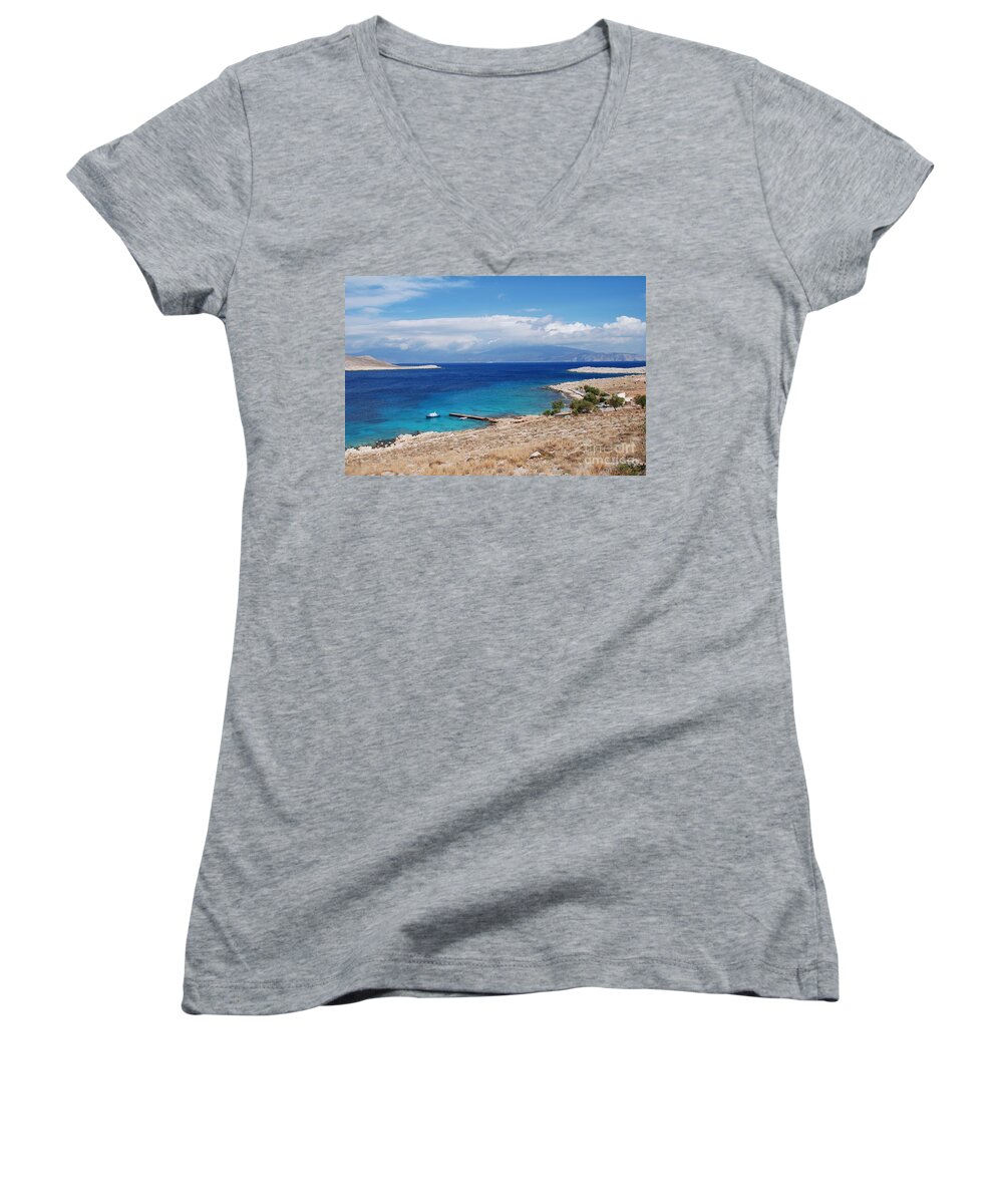 Halki Women's V-Neck featuring the photograph Ftenagia beach on Halki by David Fowler
