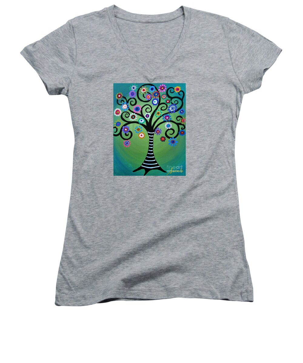 Tree Of Life Women's V-Neck featuring the painting Full Moonlight by Pristine Cartera Turkus
