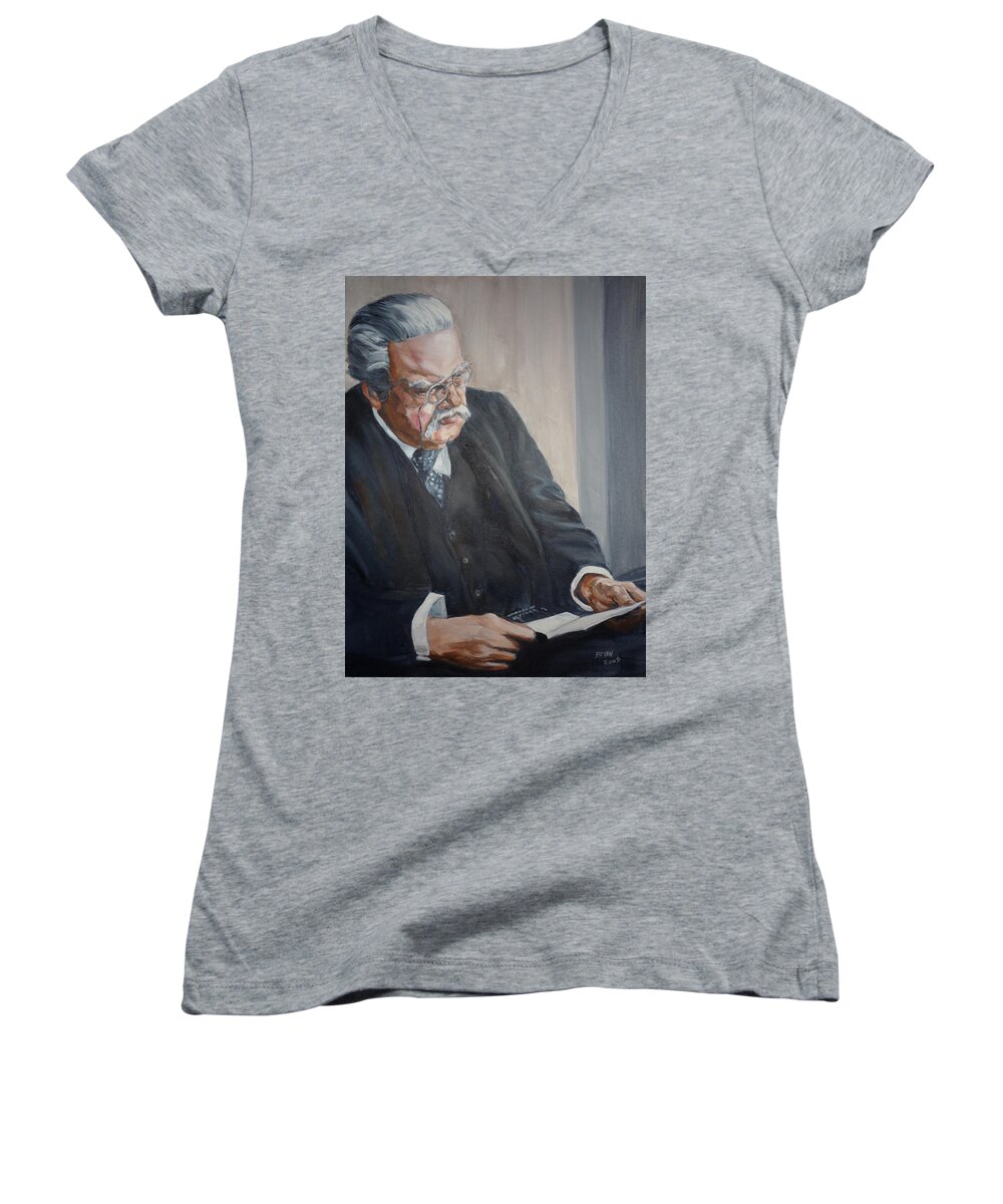 Chesterton Author Catholic Women's V-Neck featuring the painting G K Chesterton by Bryan Bustard