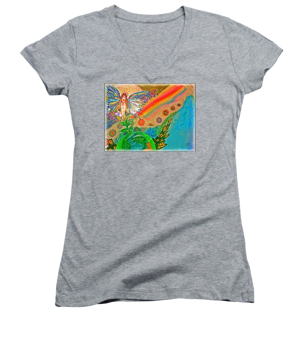 Earth Women's V-Neck featuring the mixed media Gaia by Christine Paris