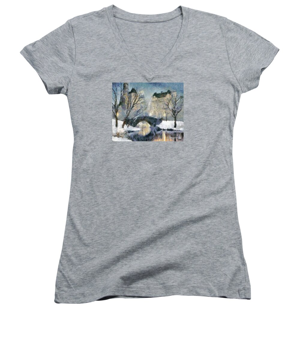 Cityscape Women's V-Neck featuring the painting Gapstow Bridge in Snow by Dragica Micki Fortuna