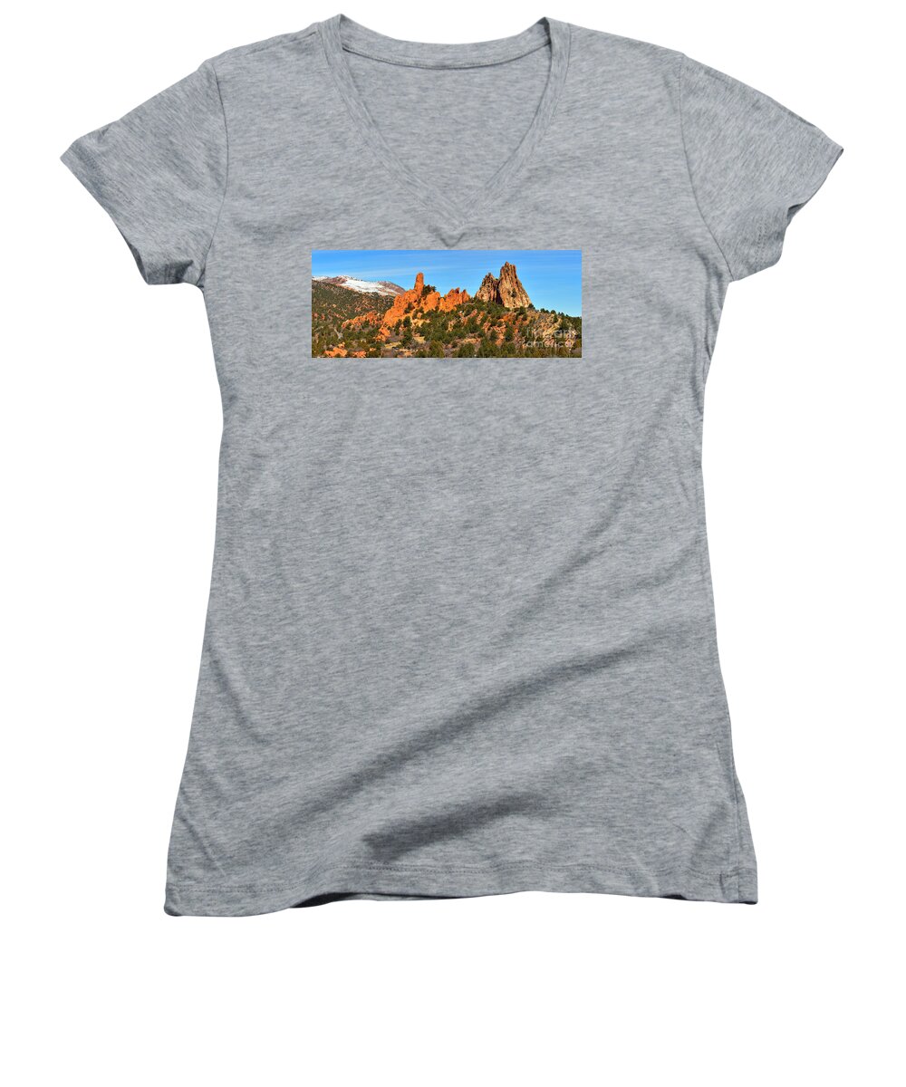 Garden Of The Gods High Point Women's V-Neck featuring the photograph Garden Of the Gods High Point Panorama by Adam Jewell