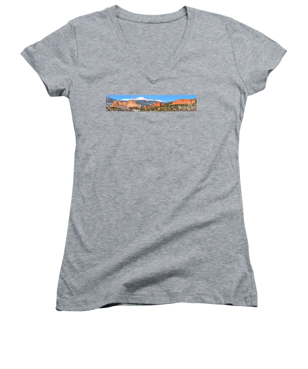 Garden Of The Gods Women's V-Neck featuring the photograph Garden Of The Gods Red Rock Panorama by Adam Jewell