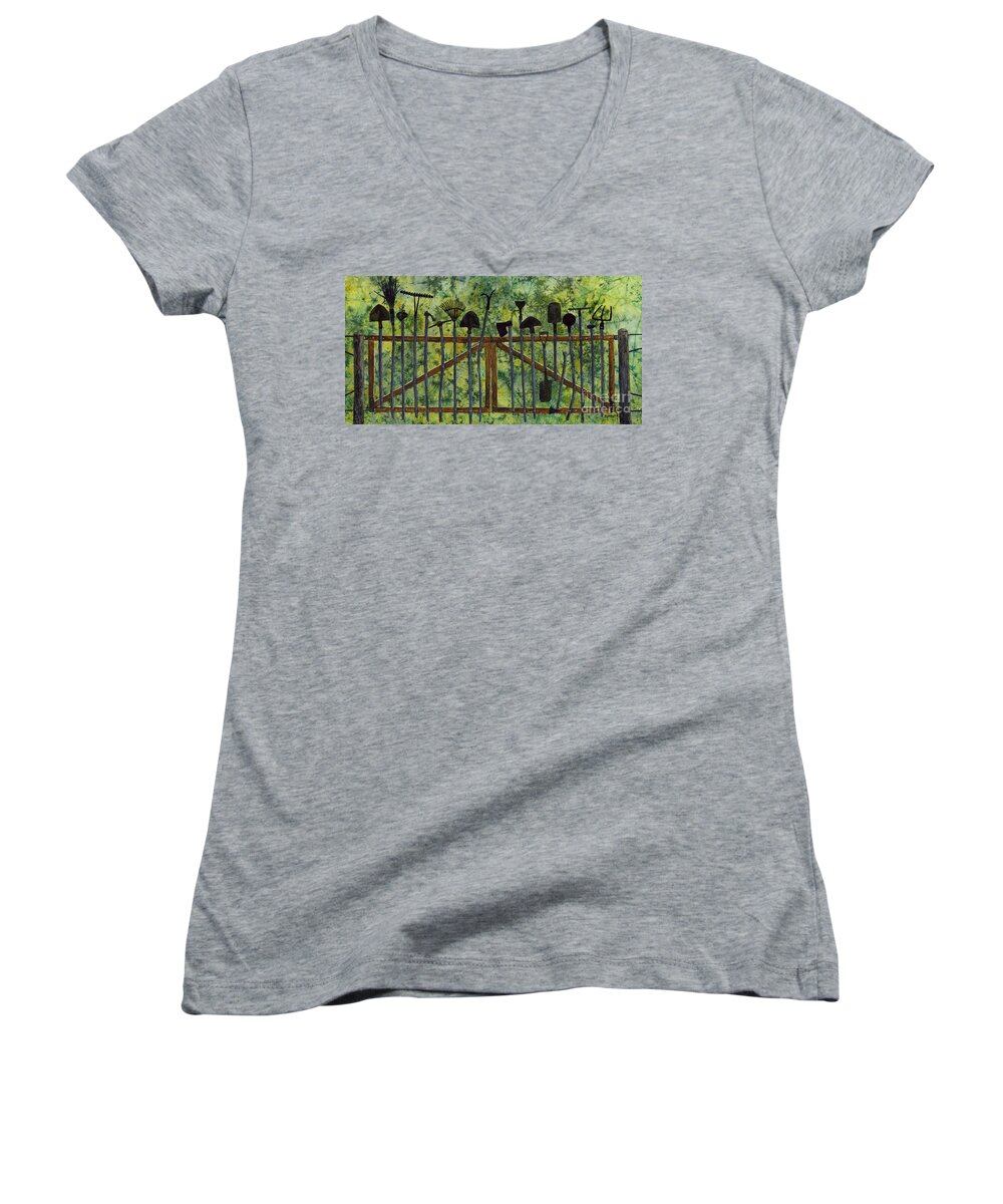 Tools Women's V-Neck featuring the painting Garden Tools by Hailey E Herrera