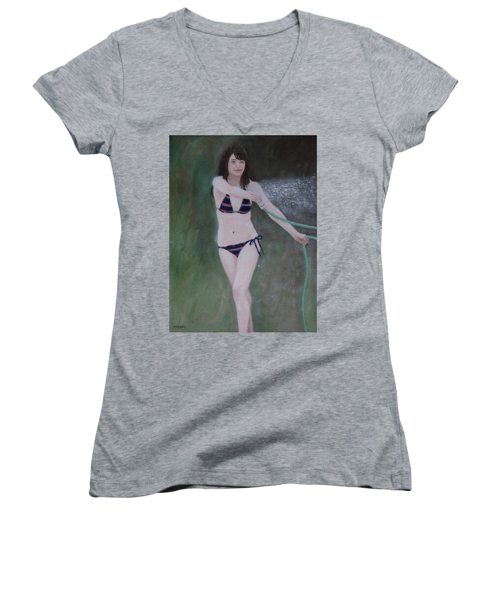 Portrait Women's V-Neck featuring the painting Garden Watering by Masami Iida