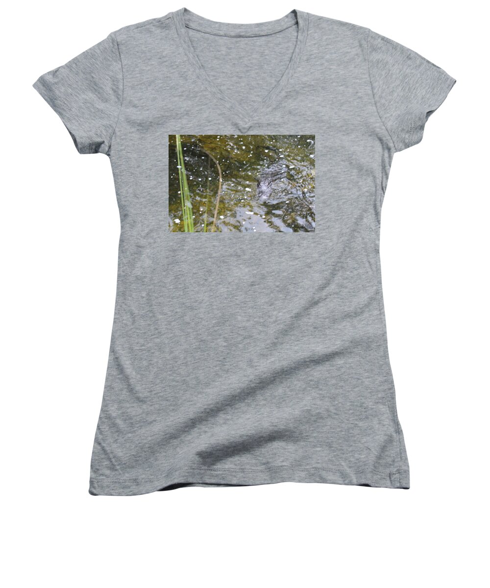 Alligator Women's V-Neck featuring the photograph Gator Coming by Denise Cicchella