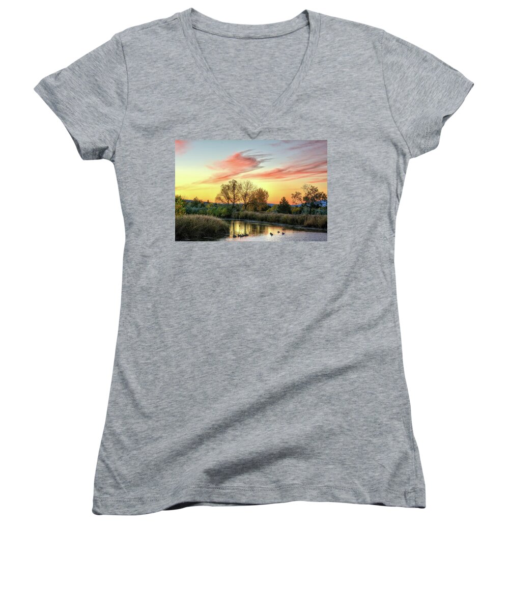 Sunrise Women's V-Neck featuring the photograph Geese by Fiskr Larsen