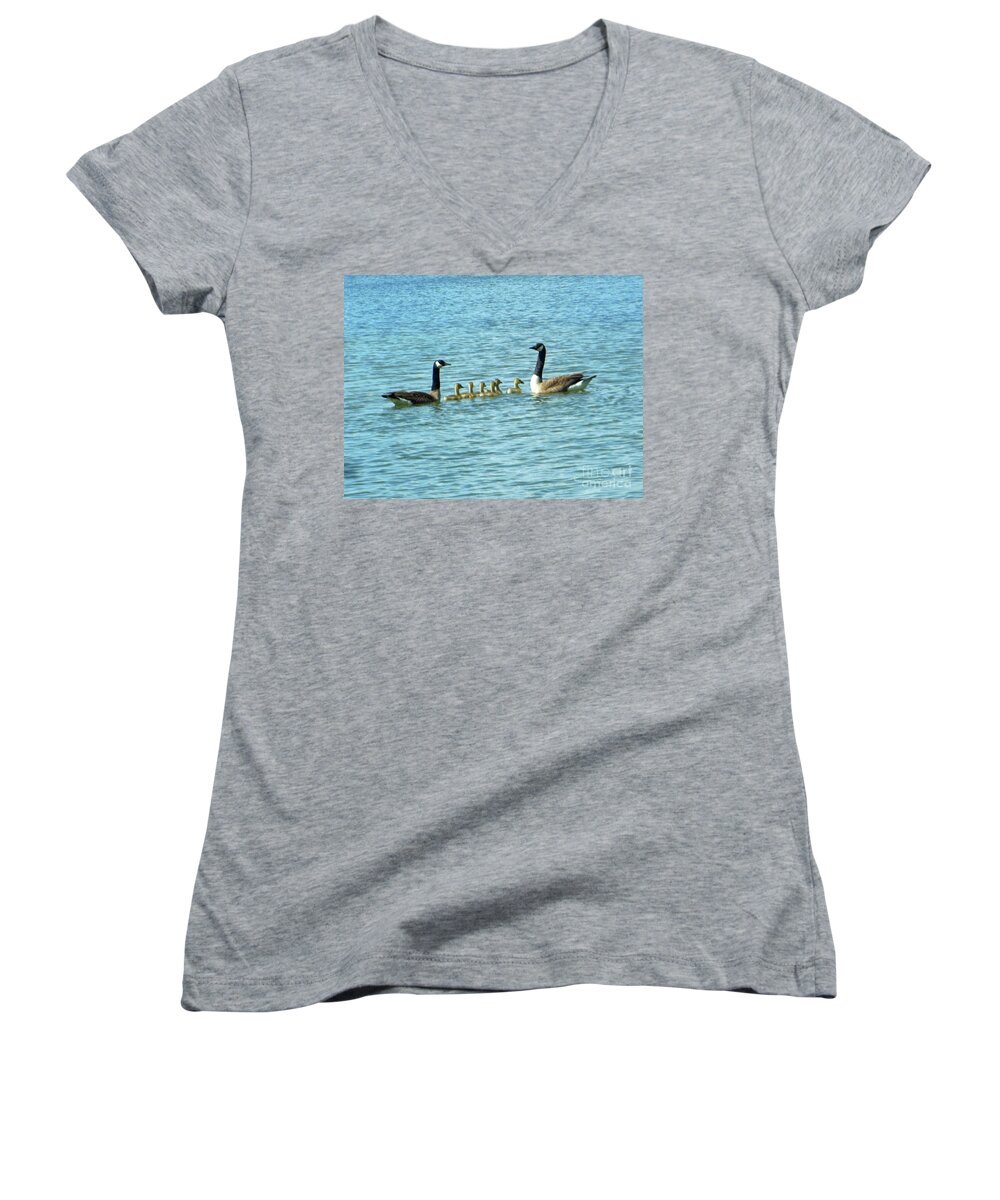 Geese Women's V-Neck featuring the photograph Geese Proud Parents by Rockin Docks Deluxephotos