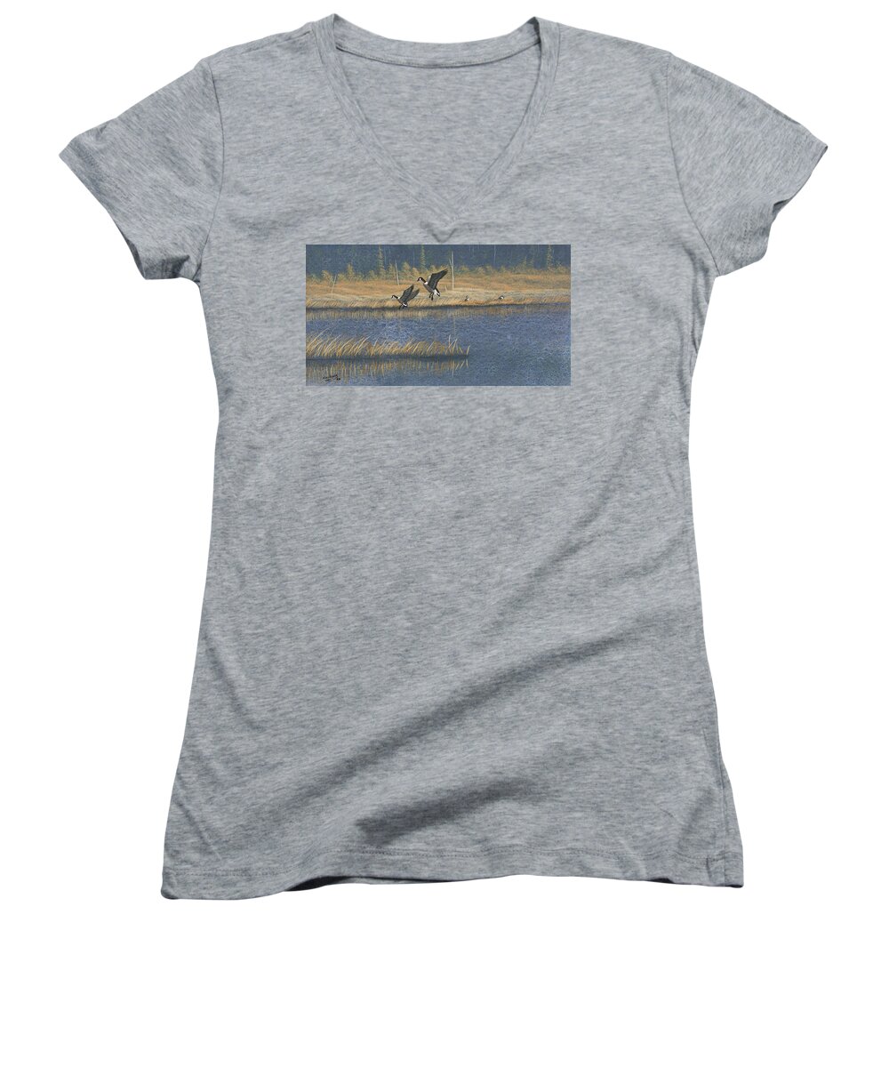 Landscape Women's V-Neck featuring the painting Geese by Richard Faulkner