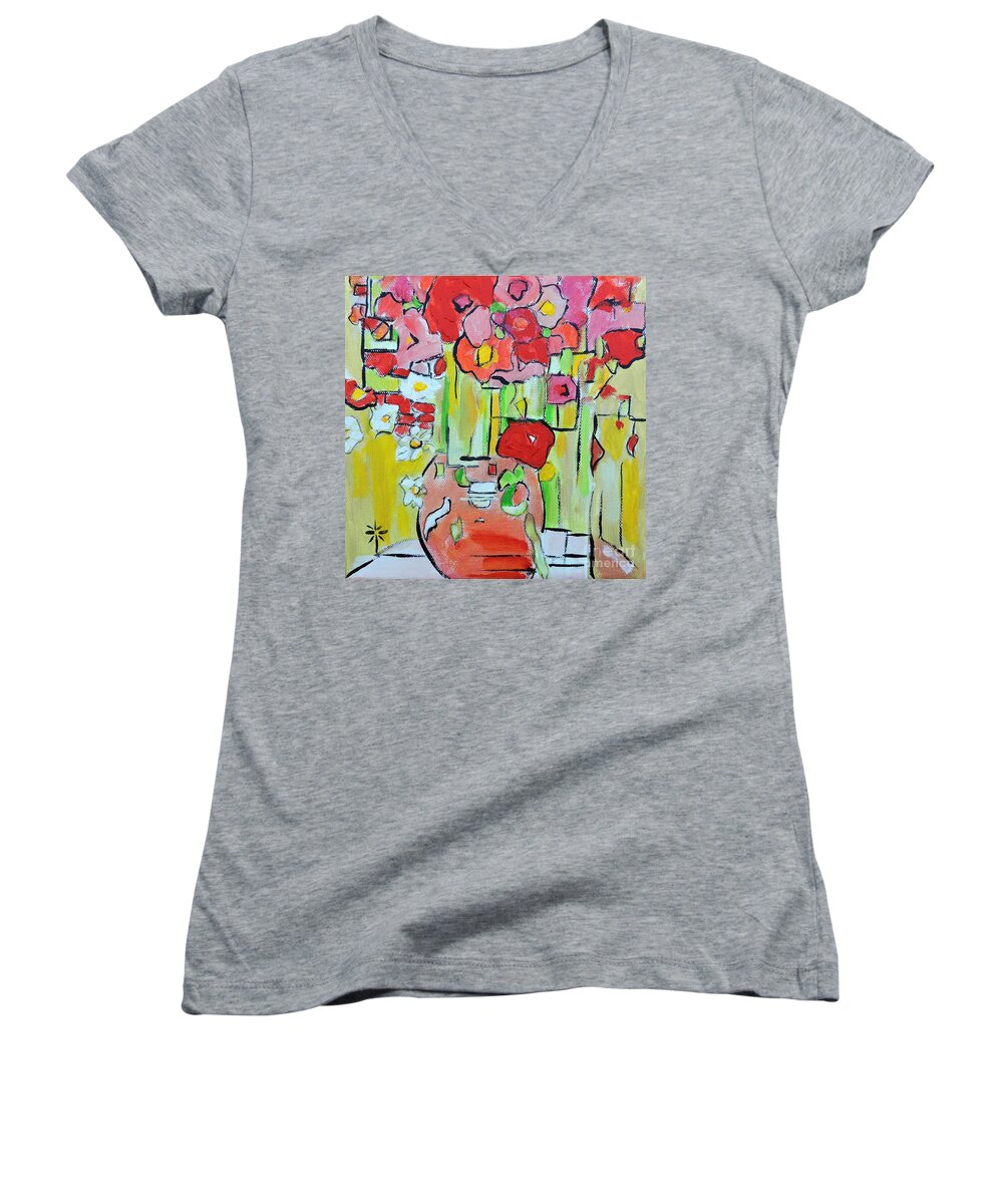 Flowers Women's V-Neck featuring the painting Geometric Poppies by Jodie Marie Anne Richardson Traugott     aka jm-ART
