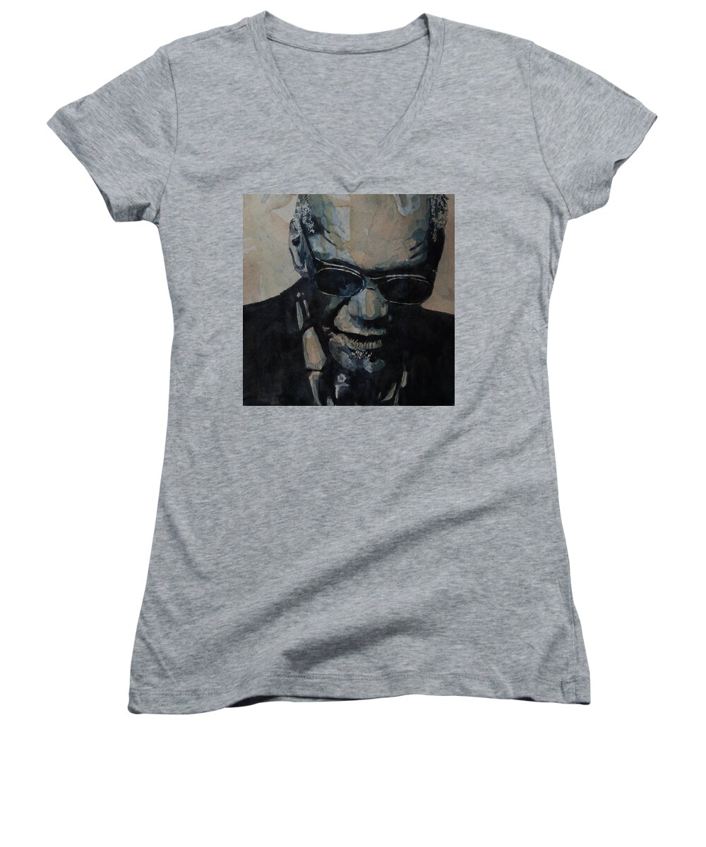 Ray Charles Women's V-Neck featuring the painting Georgia On My Mind - Ray Charles by Paul Lovering