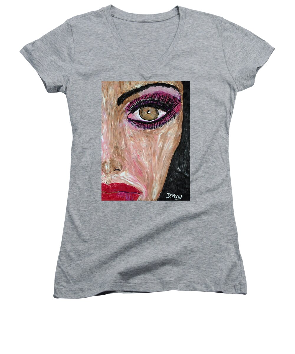 Face Women's V-Neck featuring the mixed media Gia by Deborah Stanley