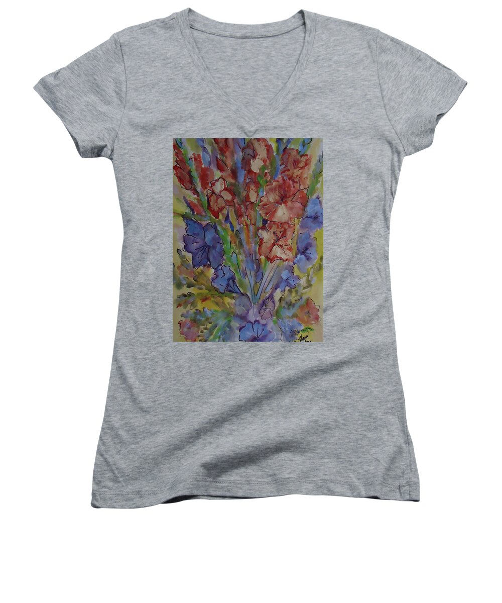 A Bouquet Of Mixed Flowers Women's V-Neck featuring the mixed media Gilded Flowers by Charme Curtin