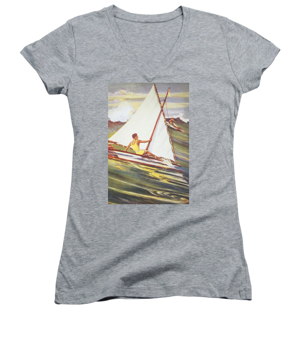 1921 Women's V-Neck featuring the painting Gilles Man Surfing by Hawaiian Legacy Archive - Printscapes