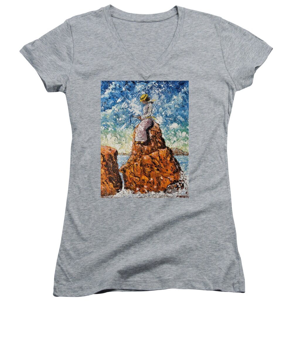 Seacoast Women's V-Neck featuring the painting Girl by the Seacoast after W. Homer by Frank Morrison
