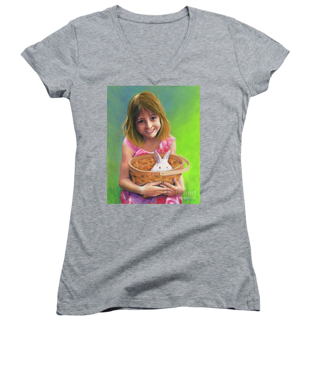 Girl Women's V-Neck featuring the painting Girl with a Bunny by Jeanette French