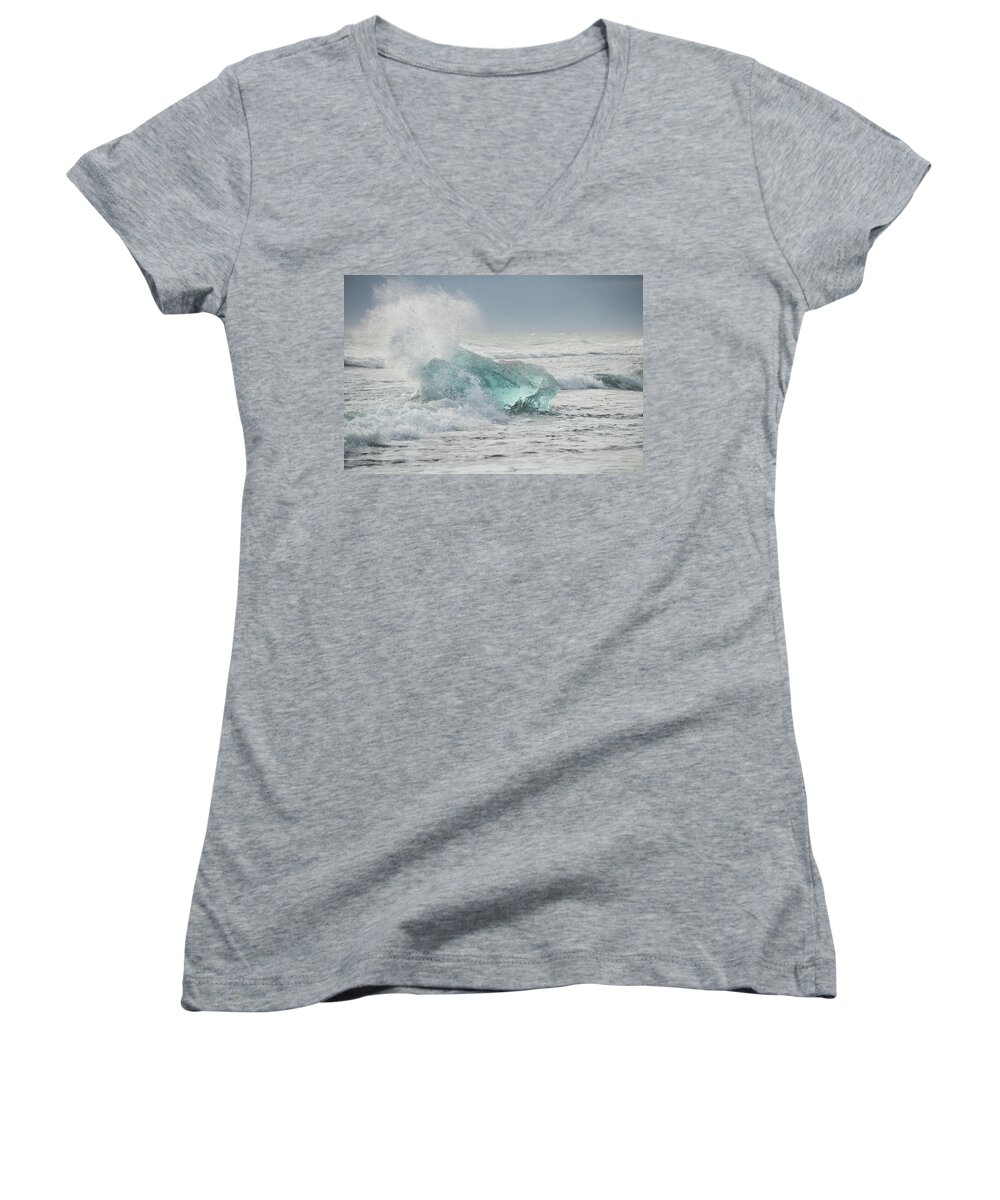 Iceland Women's V-Neck featuring the photograph Glacial Iceberg in Beach Surf. by Andy Astbury