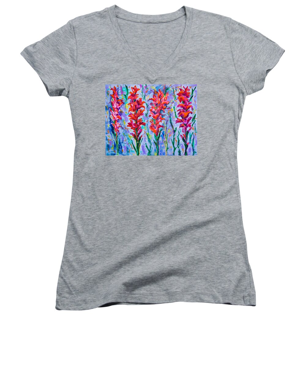 Flowers Women's V-Neck featuring the painting Gladioli by Maxim Komissarchik