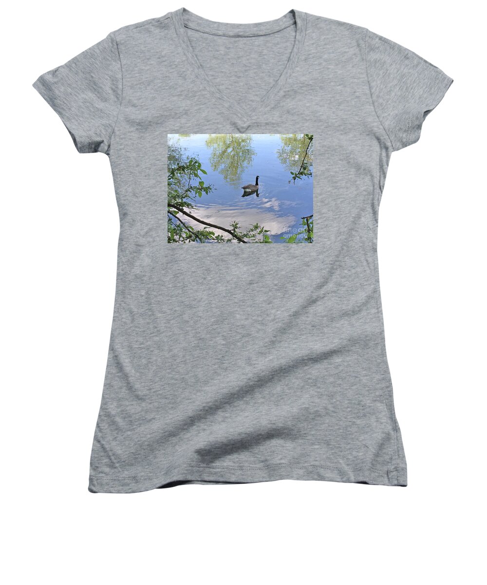 Nature Women's V-Neck featuring the photograph Gliding Goose by Barbara Plattenburg