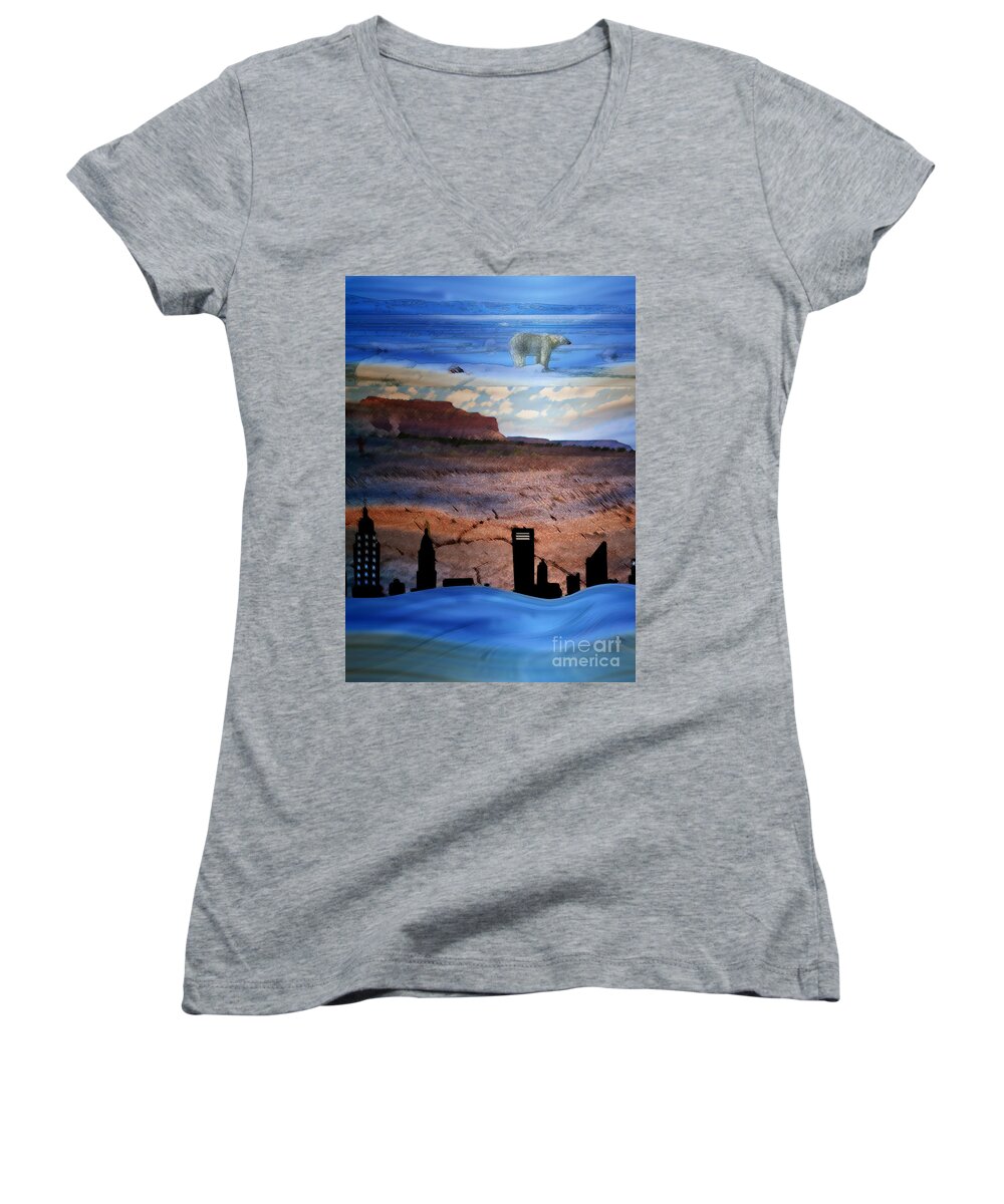 Globe Women's V-Neck featuring the digital art Global Care Be Aware by Shelley Myers
