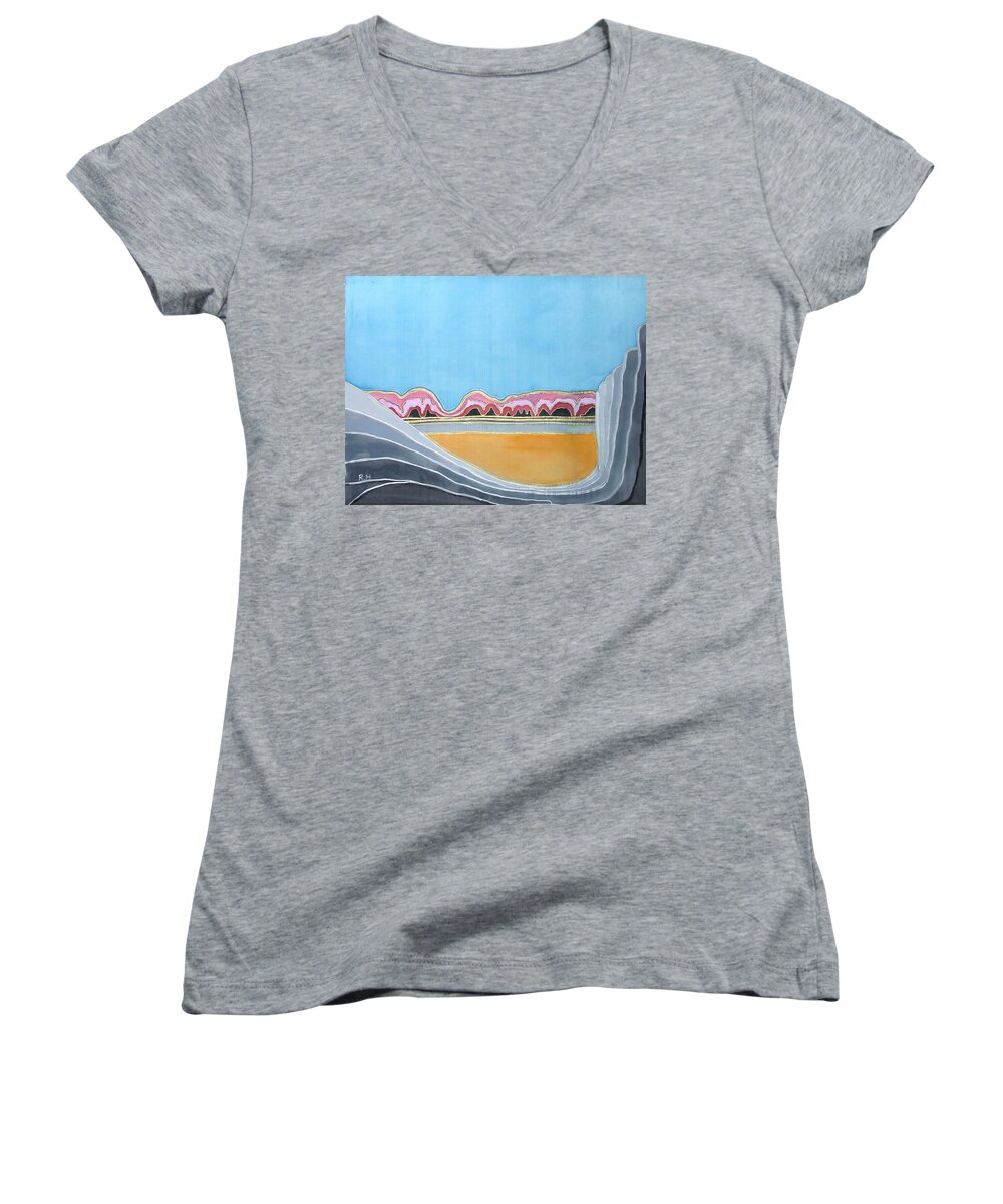 Silk Women's V-Neck featuring the painting Global Warming Silk melting glaciers valley or where did all my blue glaciers go by Rachel Hershkovitz