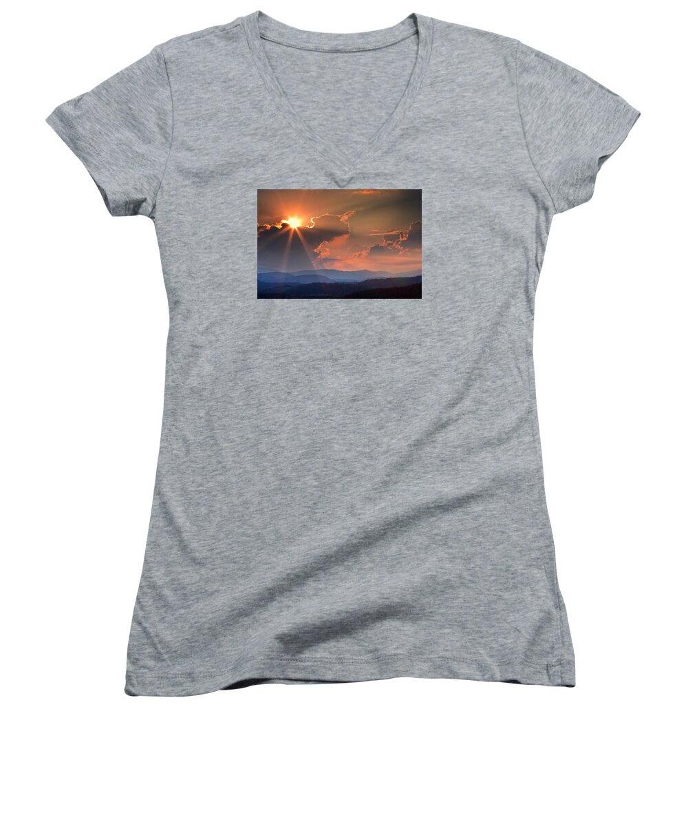 Sunset Women's V-Neck featuring the photograph God Rays over N C Mountains by Ken Barrett