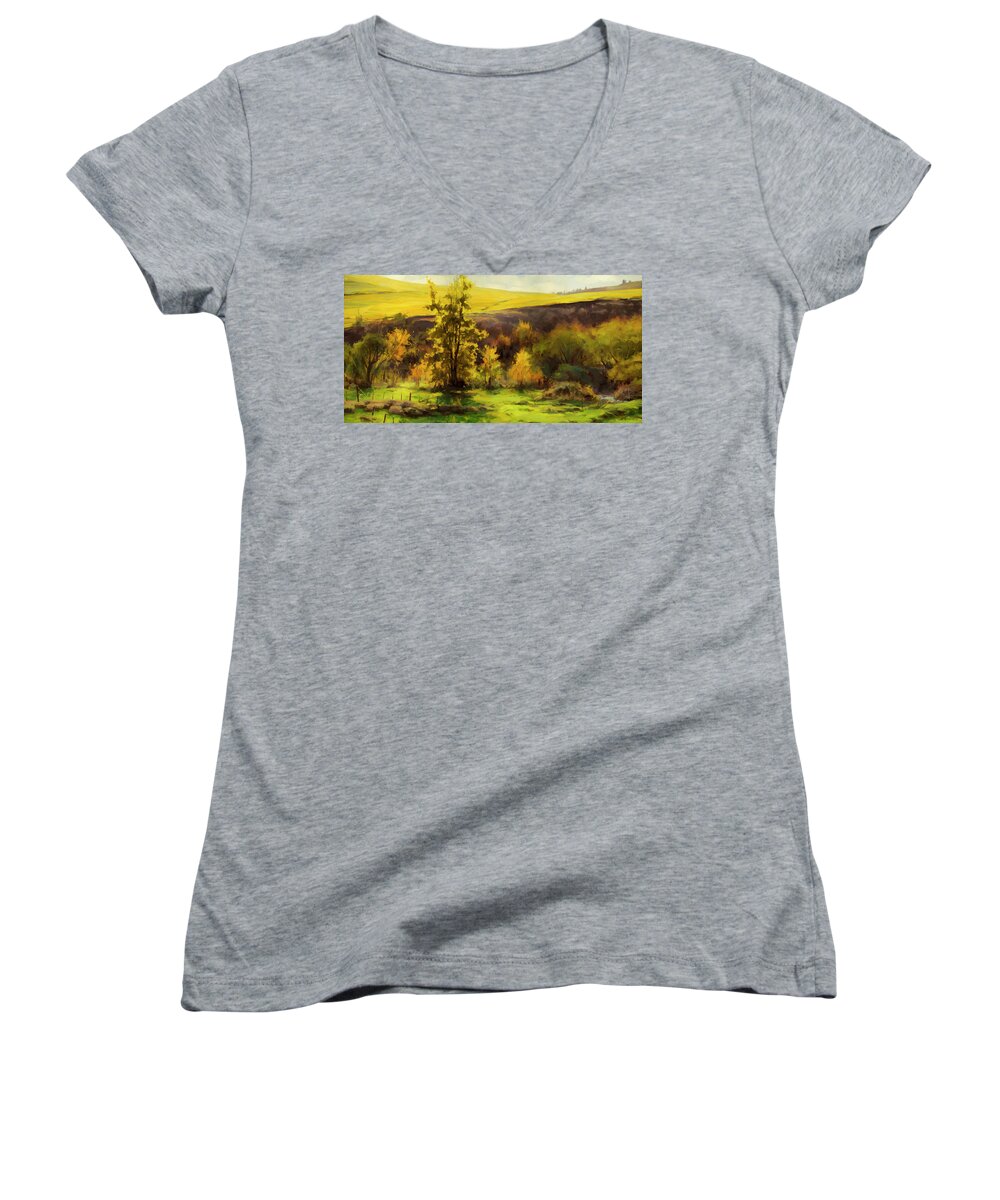 Landscape Women's V-Neck featuring the painting Gold Leaf by Steve Henderson