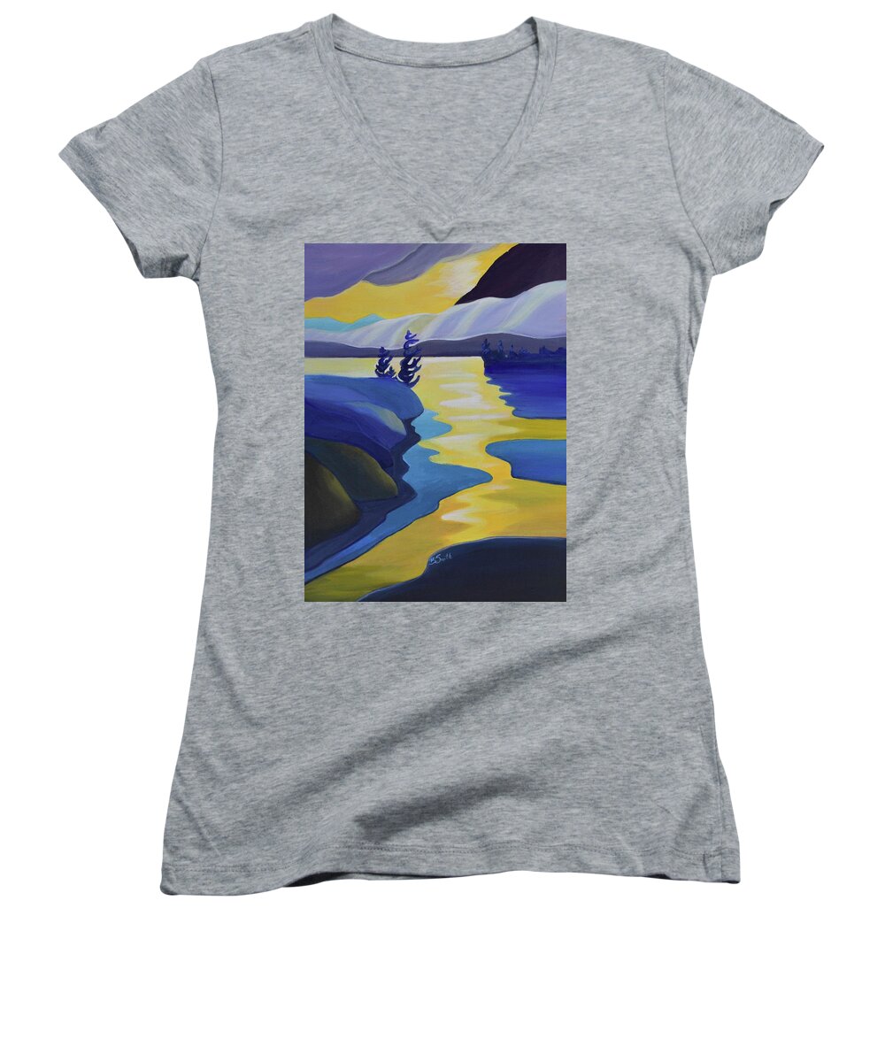 Group Of Seven Women's V-Neck featuring the painting Gold Rush by Barbel Smith