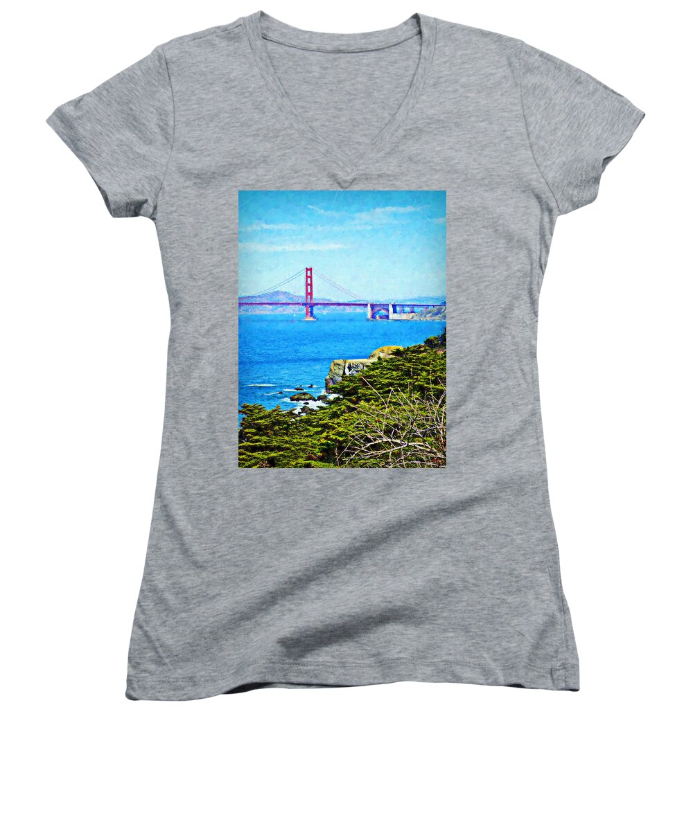 Golden Gate Bridge Women's V-Neck featuring the mixed media Golden Gate Bridge From The Coastal Trail by Glenn McCarthy Art and Photography