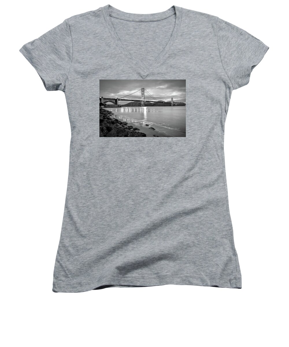America Women's V-Neck featuring the photograph Golden Gate Bridge in Black and White - San Francisco Cityscape by Gregory Ballos