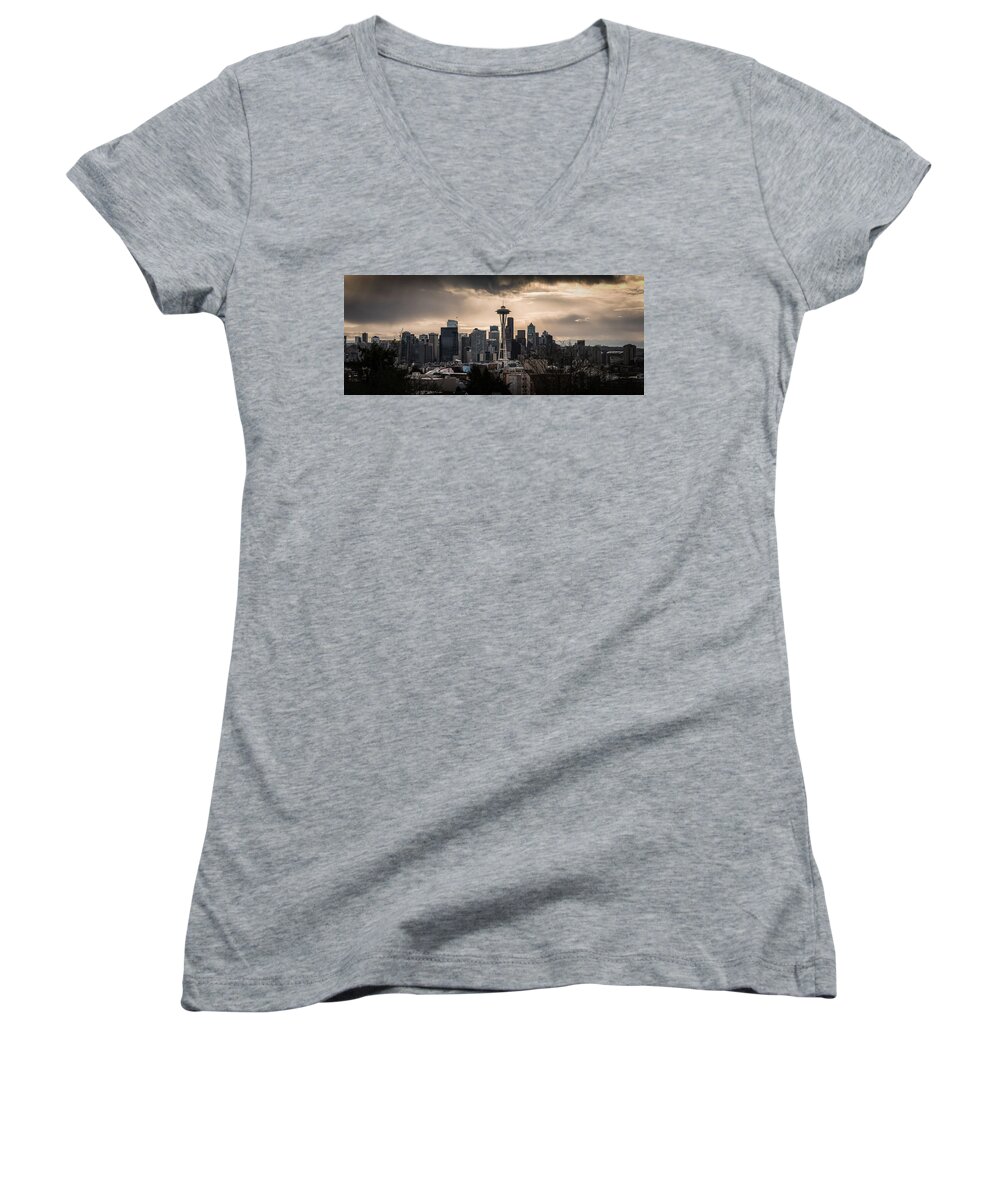 Seattle Women's V-Neck featuring the photograph Golden Seattle by Chris McKenna