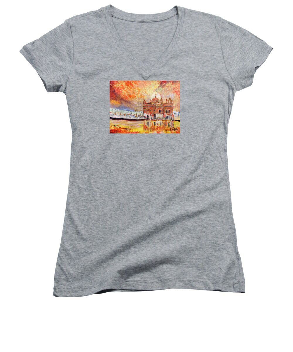 Golden Temple At Day Women's V-Neck featuring the painting Golden Temple at day by Sarabjit Singh