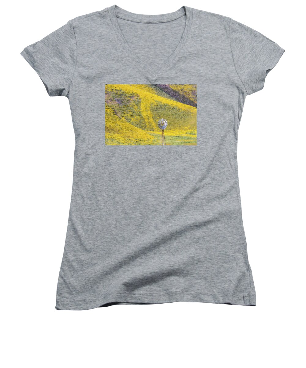 California Women's V-Neck featuring the photograph Goldfields and Windmill at Carrizo Plain by Marc Crumpler