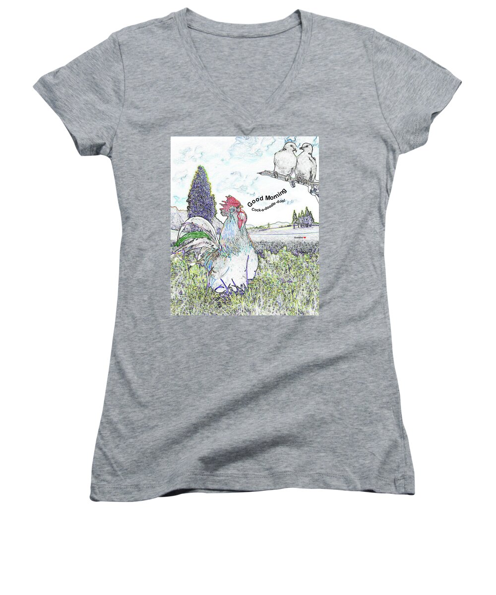 Rooster Women's V-Neck featuring the drawing Good Morning by Quwatha Valentine
