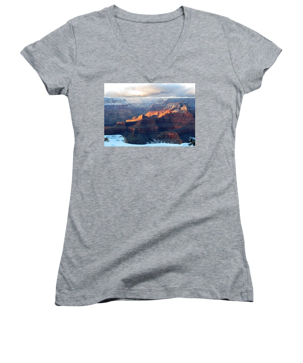 Grand Canyon Women's V-Neck featuring the photograph Grand Canyon with Snow by Laurel Powell