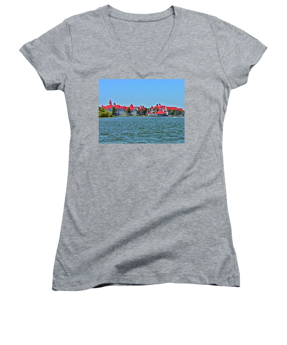 Grand Floridian Resort Women's V-Neck featuring the photograph Grand Floridian Resort and Spa MP by Thomas Woolworth