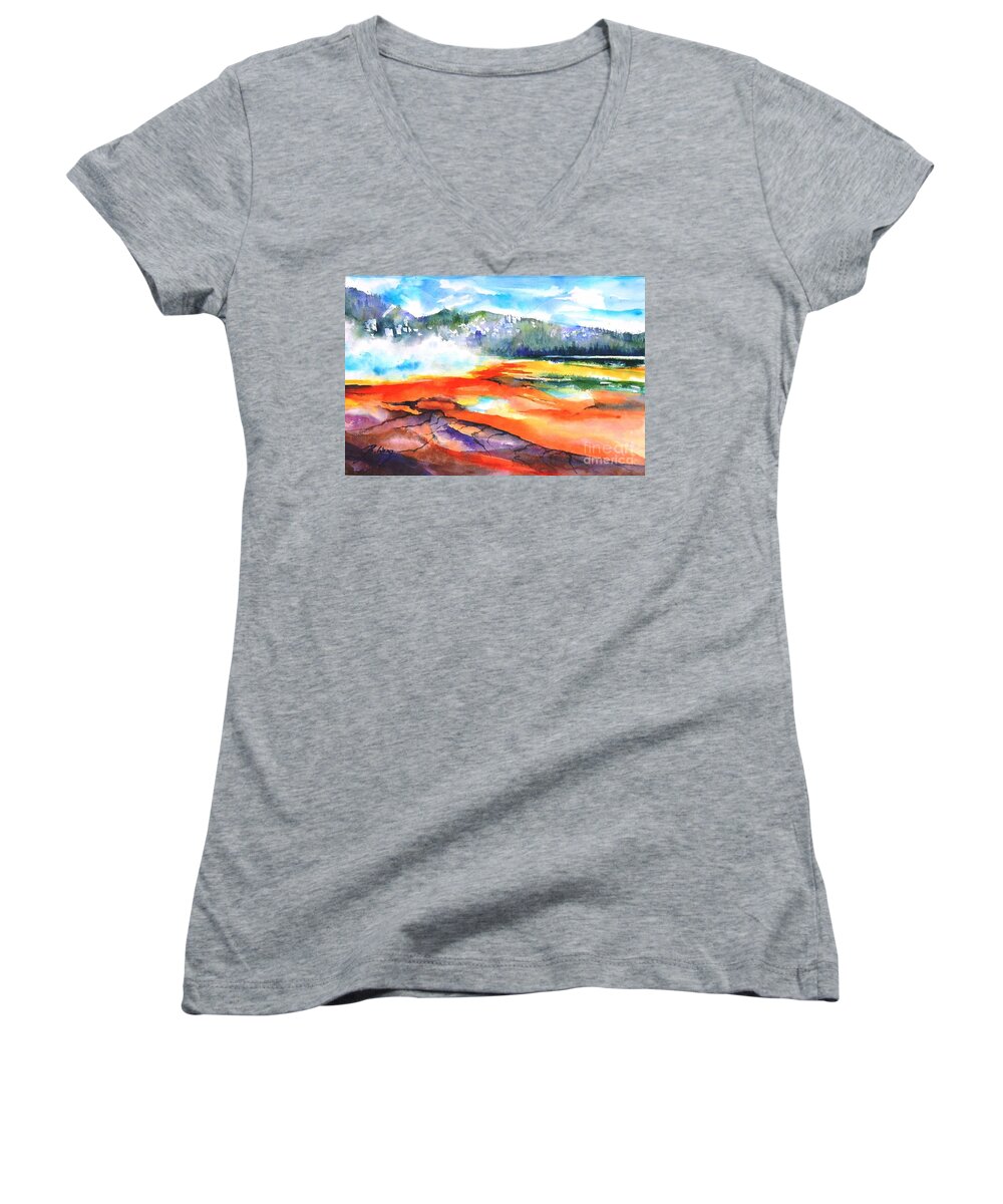 Yellowstone National Park Women's V-Neck featuring the painting Grand Prismatic Hot Spring by Betty M M Wong