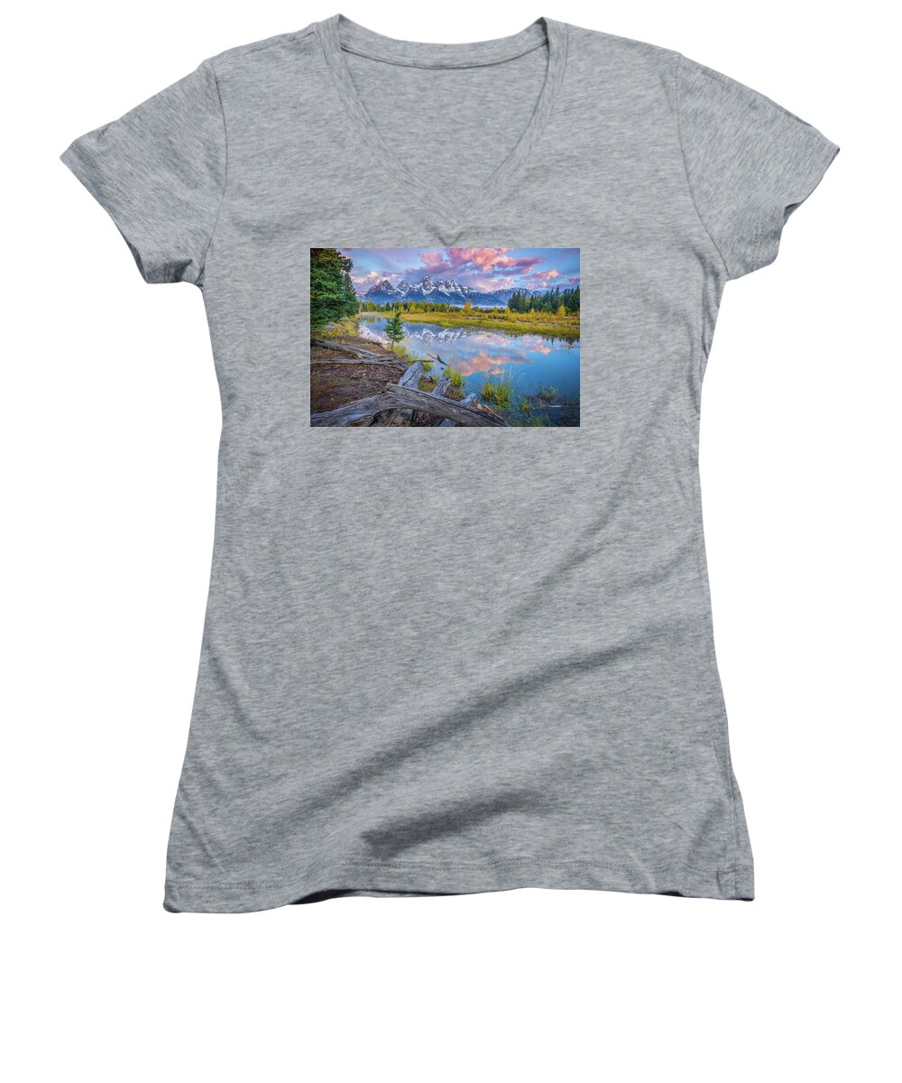 Adventure Women's V-Neck featuring the photograph Grand Teton Sunrise Reflection by Scott McGuire