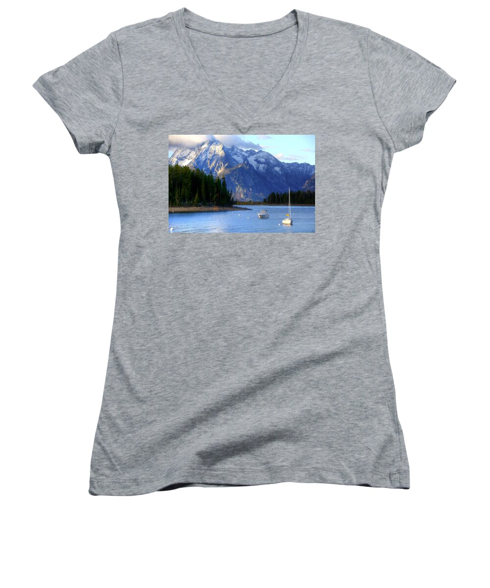Mountains Women's V-Neck featuring the photograph Grand Tetons by Charlotte Schafer