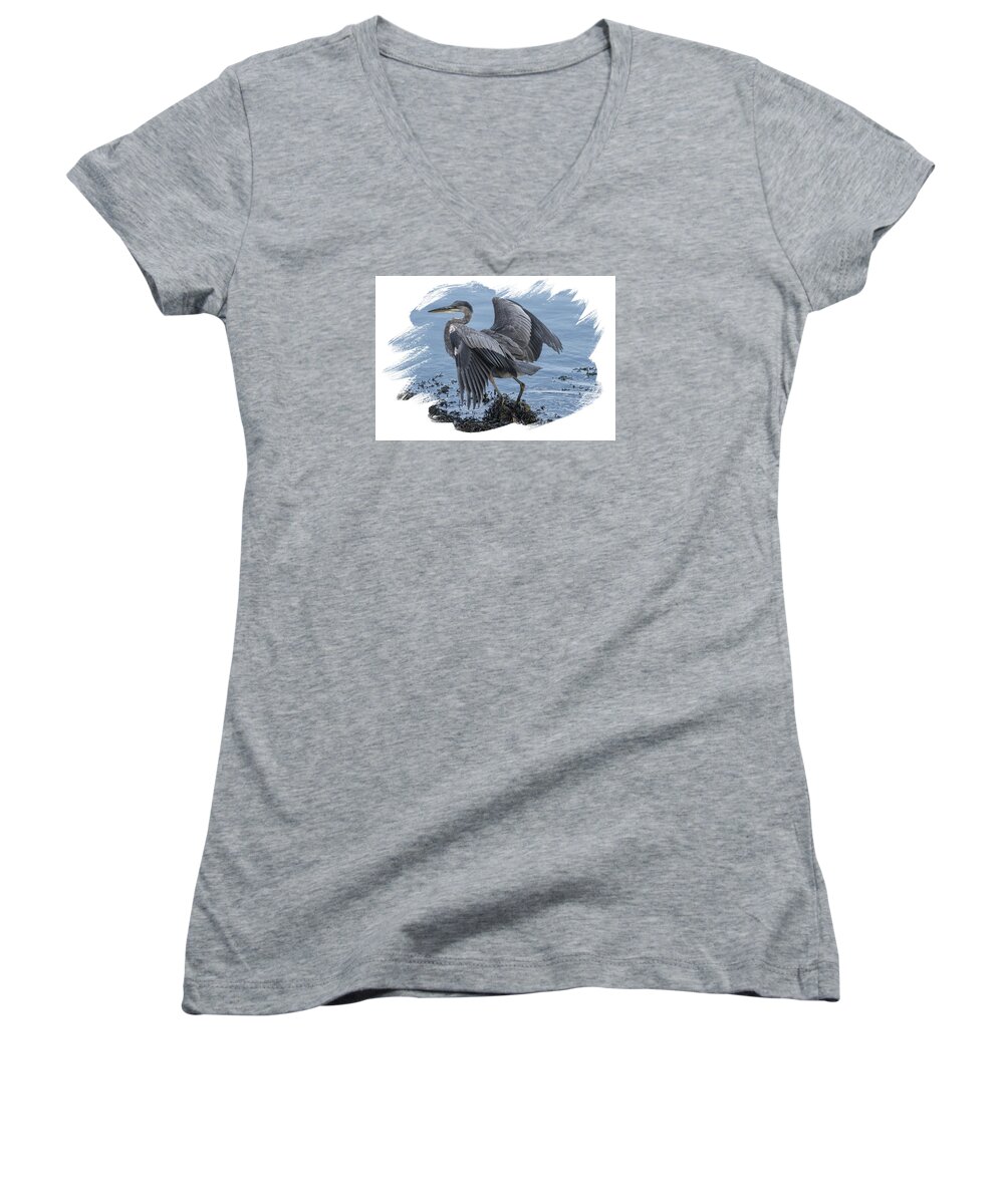 Great Blue Heron Women's V-Neck featuring the photograph Great Blue Heron on Cape Cod Canal 2 by Constantine Gregory
