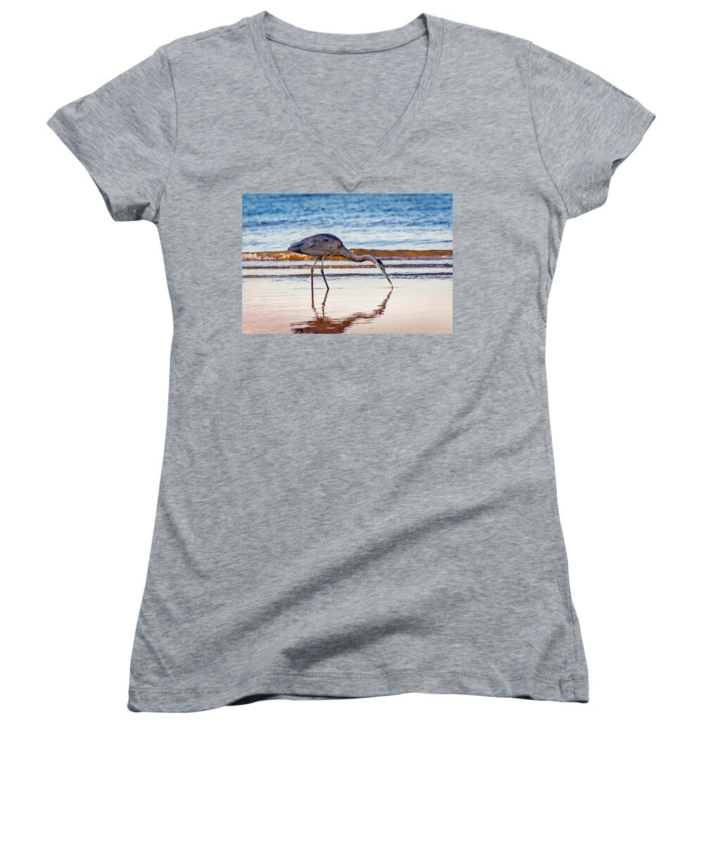 Ardea Herodias Women's V-Neck featuring the photograph Great Blue Heron Twilight by Patrick Wolf
