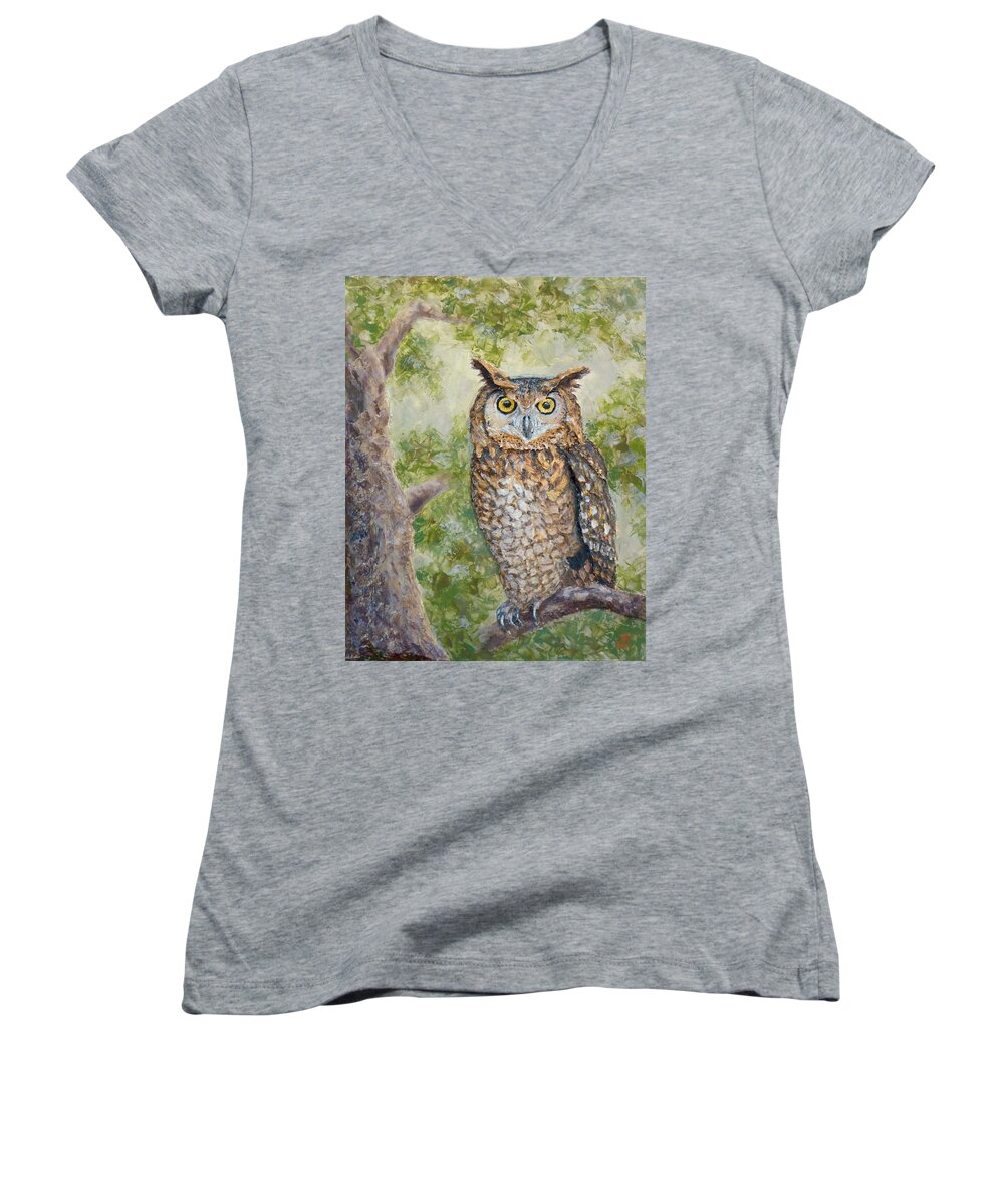 Wildlife Women's V-Neck featuring the painting Great Horned Owl by Joe Bergholm