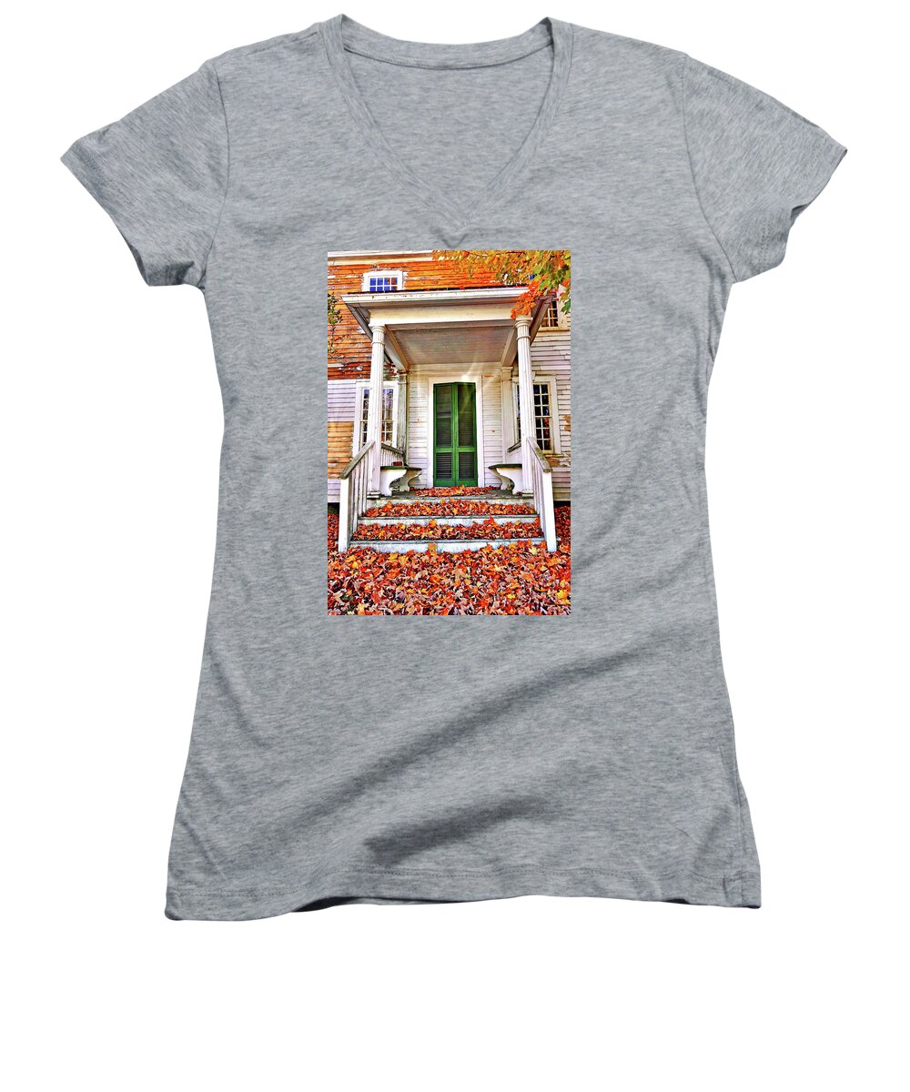 Fall Leaves Women's V-Neck featuring the photograph Green Autumn Door by Joan Reese