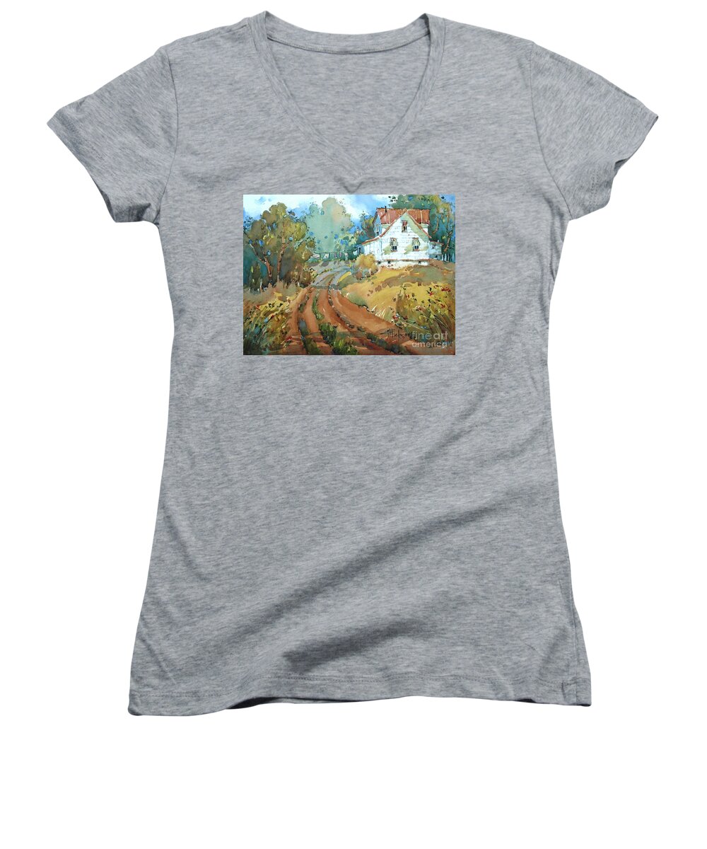 Landscape Women's V-Neck featuring the painting Green Striped Awnings by Joyce Hicks