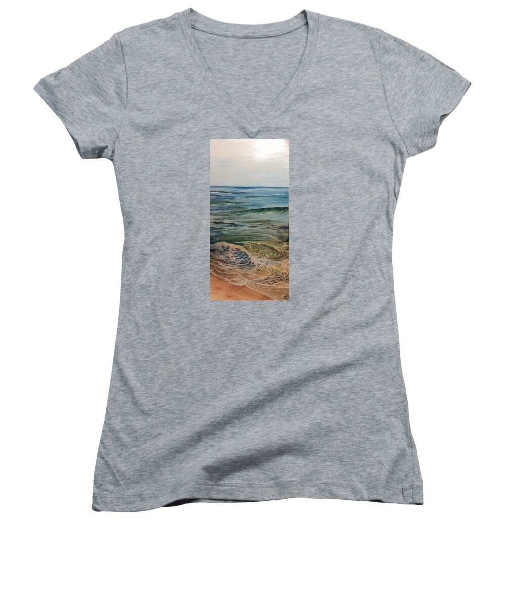 Beach Women's V-Neck featuring the painting Green Surf by Julie Garcia