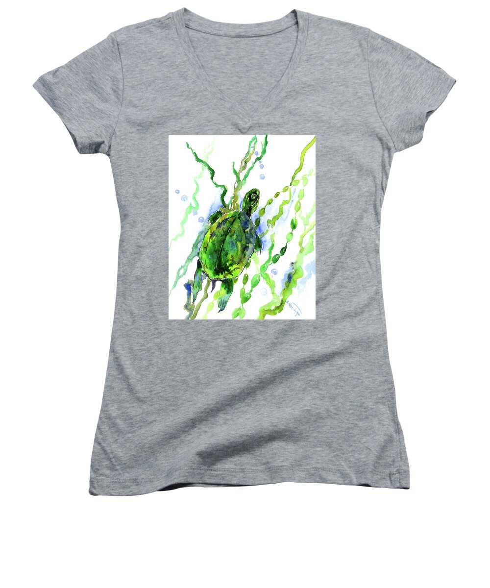 Green Women's V-Neck featuring the painting Green Turtle in the River by Suren Nersisyan