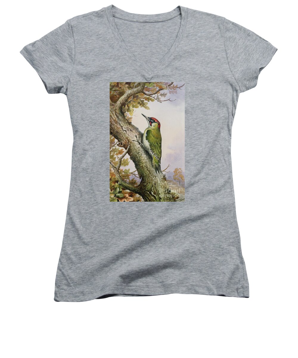 Woodpecker Women's V-Neck featuring the painting Green Woodpecker by Carl Donner